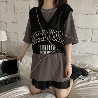 Elbow-sleeve T-shirt / Lettering Vest