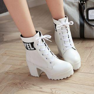 Lettering Block Heel Platform Lace-up Short Boots