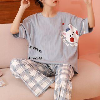 Loungewear Set : Short-sleeve Rabbit Print Top + Pants