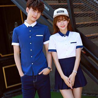 Couple Matching Contrast Color Short-sleeve Shirt