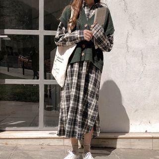Long-sleeve Midi Plaid Shirtdress / Button Knit Vest / Set