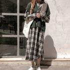 Long-sleeve Midi Plaid Shirtdress / Button Knit Vest / Set