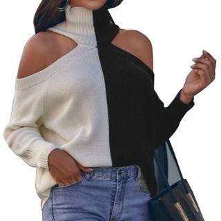 Cold-shoulder Turtleneck Two-tone Sweater