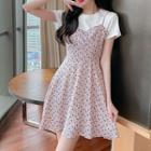 Spaghetti Strap Floral Mini A-line Dress / Short-sleeve T-shirt / Set
