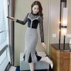 Set: Lace Long-sleeve Top + Velvet Panel Spaghetti Strap Sheath Dress