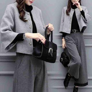Set: 3/4-sleeve Buttoned Jacket + Wide Leg Pants