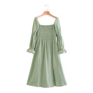 3/4-sleeve Square-neck Shirred Slit Midi A-line Dress