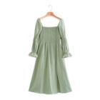 3/4-sleeve Square-neck Shirred Slit Midi A-line Dress