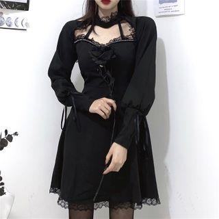 Puff-sleeve Lace Trim Cutout A-line Dress