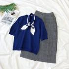 Short-sleeve Knit Top / Midi A-line Plaid Skirt