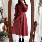 Corduroy Long-sleeve Dress Wine Red - One Size