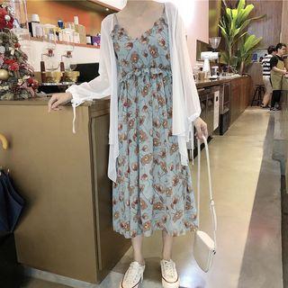 Floral Strappy Midi Dress / Long Chiffon Jacket