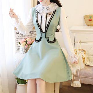 Set: Lace-trim Ruffled Blouse + Jumper Dress