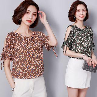Short-sleeve Cold Shoulder Dotted Chiffon Top