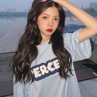 Elbow-sleeve Lettering Embroidered T-shirt Light Blue - One Size