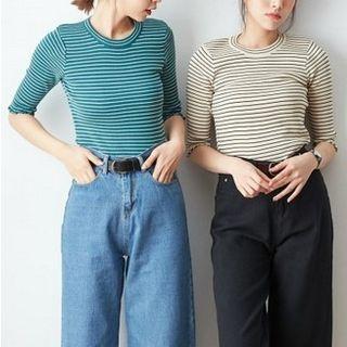 Elbow Sleeve Ruffled Trim Striped Top