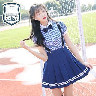 Set: Plaid Short Sleeve Shirt + Suspender Pleated Skirt + Bow Tie