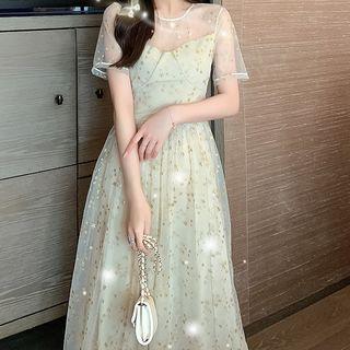 Star Print Short-sleeve Maxi A-line Mesh Dress