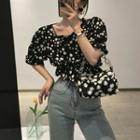 Floral Puff-sleeve Cropped Blouse Black - One Size
