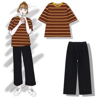 Elbow-sleeve Striped T-shirt / Cropped Wide-leg Jeans