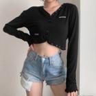 Long-sleeve Irregular Lettering Embroidered Crop Top