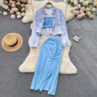 Set Of 3 : Long-sleeve Lapel Plaid Shirt + Plain Bandeau + High-waist Ruched Slit Maxi Skirt