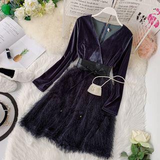 Long-sleeve Feather-accent A-line Velvet Dress