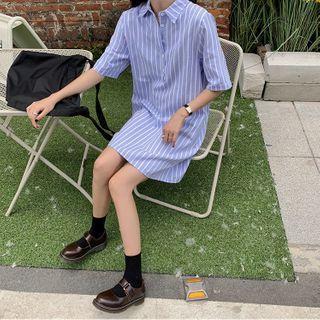 Elbow-sleeve Striped A-line Mini Polo Dress Sky Blue - One Size