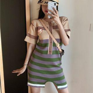 Elbow-sleeve Striped Knit Dress Floral - One Size