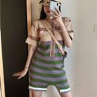 Elbow-sleeve Striped Knit Dress Floral - One Size