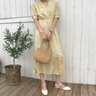 Elbow-sleeve Floral-print Midi Dress