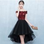 Short-sleeve Sequined Panel High-low Prom Dress