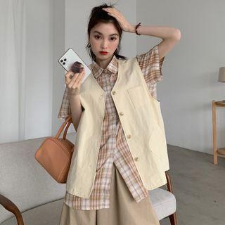 Short-sleeve Plaid Shirt / Button-up Vest