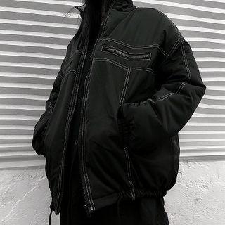 Plain Turtle-neck Loose-fit Long-sleeve Zip Jacket