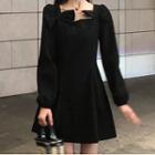Long-sleeve Bow Accent Mini A-line Dress Black - One Size