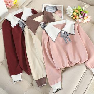 Two-tone Collared Gingham Bow Sweater
