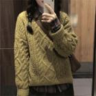 Long-sleeve Plain Cable Knit Sweater Sweater - One Size