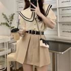 Puff-sleeve Collar Blouse / Pleated Mini A-line Skirt