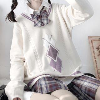 V-neck Argyle Print Sweater Off-white - One Size