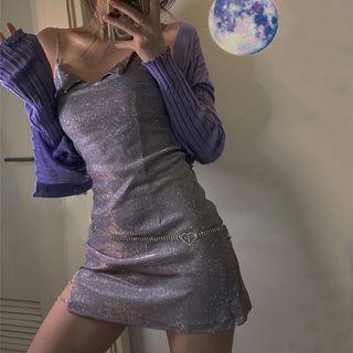 Long-sleeve Plain Knit Cardigan / Spaghetti-strap Rhinestone Side-slit Dress
