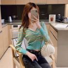 Long Sleeve V-neck Striped Drawstring Cropped Sweater