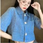 Short-sleeve Faux Pearl Button Crop Shirt Blue - One Size