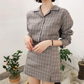 Set: Notched-collar Plaid Shirt + Band-waist Mini Skirt