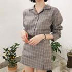 Set: Notched-collar Plaid Shirt + Band-waist Mini Skirt