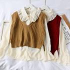 Set: Ruffled-trim Chiffon Shirt + Knit Vest
