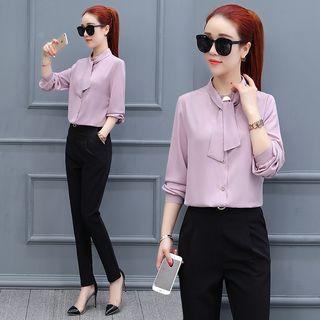 Long-sleeved Straight Plain Slim Blouse