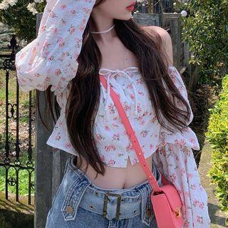 Puff-sleeve Off-shoulder Floral Shirt