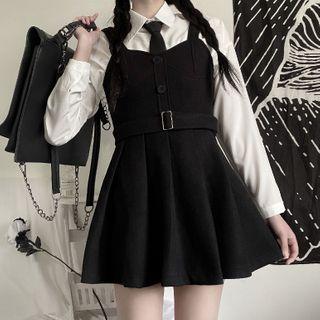Spaghetti Strap Plain Mini Dress / Tie-neck Shirt
