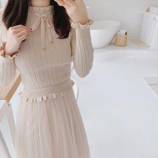Mock Two-piece Mesh Panel Ruffled A-line Knit Dress