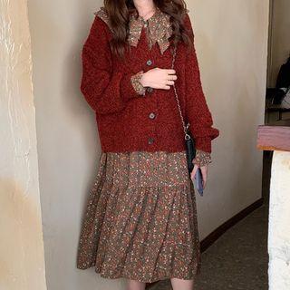 Plain Cardigan / Floral Peter Pan Collar Midi Dress